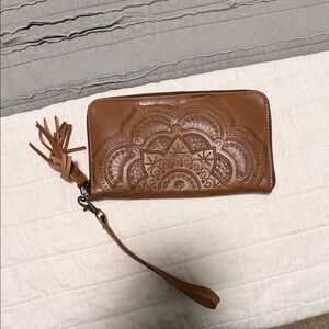 Tan Embossed Leather Wristlet